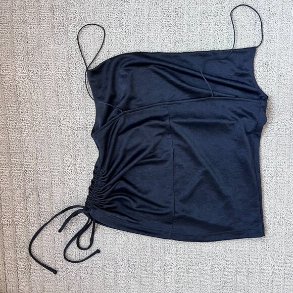 Zara | Black Satin Tank with Cute Ruched Side Detail - Picture 2 of 5